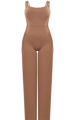 Chocolate Snatched Sculpt Double Strap Flare Leg Jumpsuit