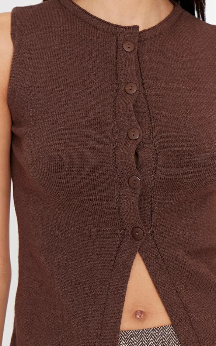 Chocolate Soft Knitted Button Through Vest