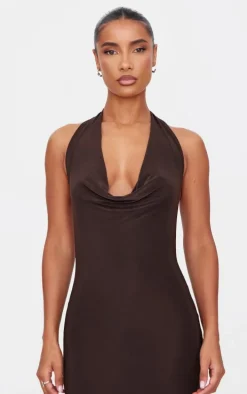 Chocolate Soft Touch Cowl Neck Twist Back Detail Maxi Dress