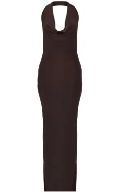 Chocolate Soft Touch Cowl Neck Twist Back Detail Maxi Dress