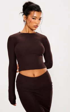 Chocolate Soft Touch Longline Sleeve Top