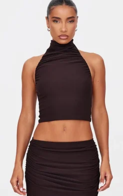 Chocolate Soft Touch Ruched Halter Crop Top