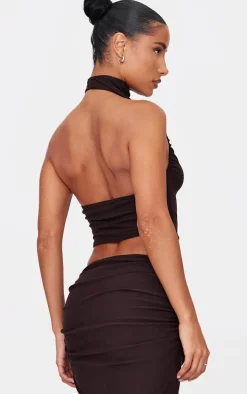 Chocolate Soft Touch Ruched Halter Crop Top