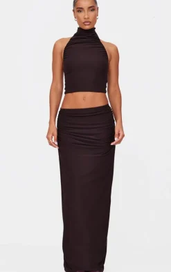 Chocolate Soft Touch Ruched Halter Crop Top