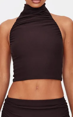Chocolate Soft Touch Ruched Halter Crop Top