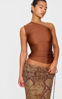 Chocolate Stretch Slinky Ruched Side Long Top