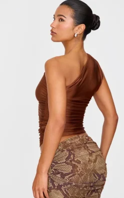 Chocolate Stretch Slinky Ruched Side Long Top