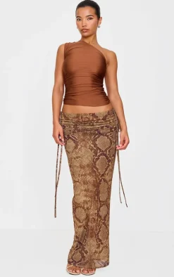 Chocolate Stretch Slinky Ruched Side Long Top