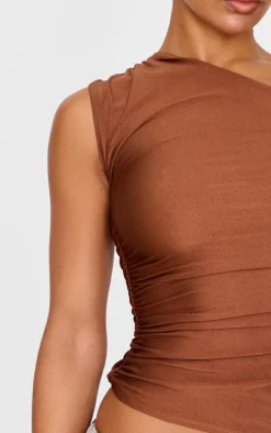 Chocolate Stretch Slinky Ruched Side Long Top