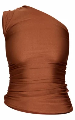 Chocolate Stretch Slinky Ruched Side Long Top