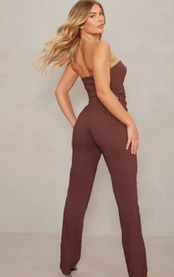Chocolate Stretch Woven Fold Over Bandeau Belted Jumpsuit