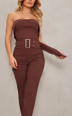 Chocolate Stretch Woven Fold Over Bandeau Belted Jumpsuit