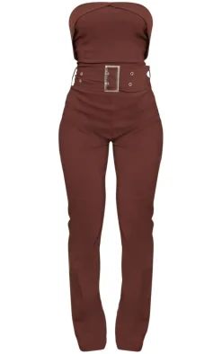 Chocolate Stretch Woven Fold Over Bandeau Belted Jumpsuit
