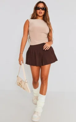 Chocolate Stretch Woven Low Rise Pleated Micro Mini Skirt