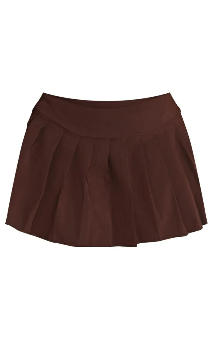 Chocolate Stretch Woven Low Rise Pleated Micro Mini Skirt