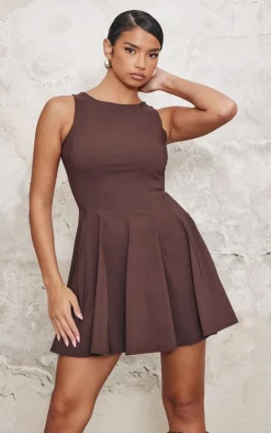 Chocolate Stretch Woven Racer Pleated Shift Dress