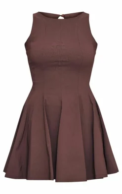 Chocolate Stretch Woven Racer Pleated Shift Dress