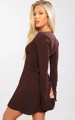 Chocolate Stretch Woven Square Neck Pleated Shift Dress