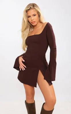 Chocolate Stretch Woven Square Neck Pleated Shift Dress