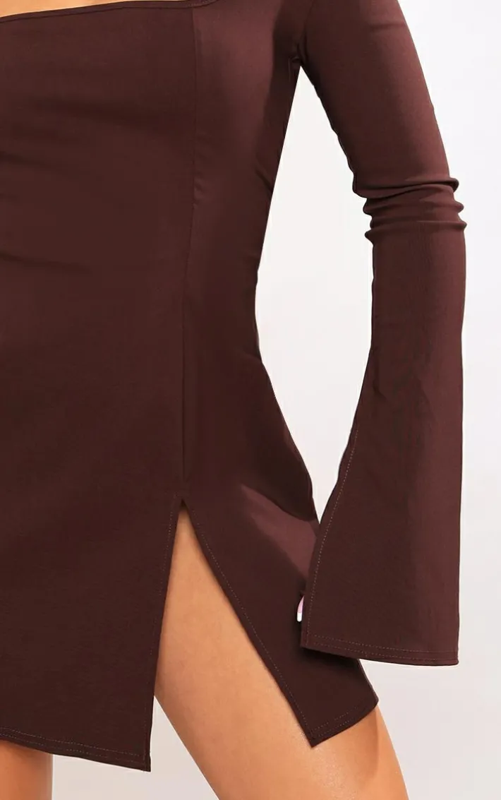 Chocolate Stretch Woven Square Neck Pleated Shift Dress