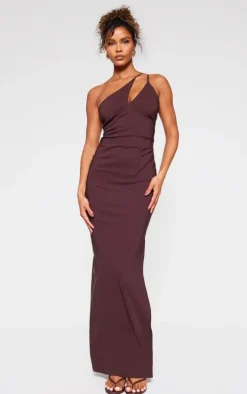 Chocolate Stretch Woven Strappy Asymmetric Cup Midaxi Dress
