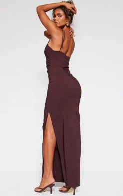 Chocolate Stretch Woven Strappy Asymmetric Cup Midaxi Dress