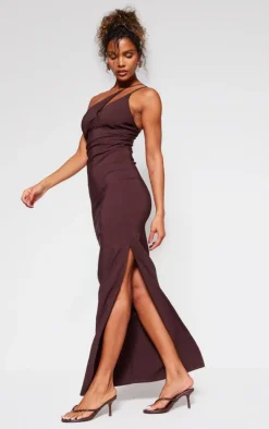 Chocolate Stretch Woven Strappy Asymmetric Cup Midaxi Dress