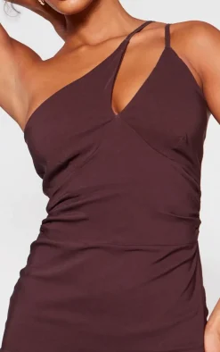Chocolate Stretch Woven Strappy Asymmetric Cup Midaxi Dress