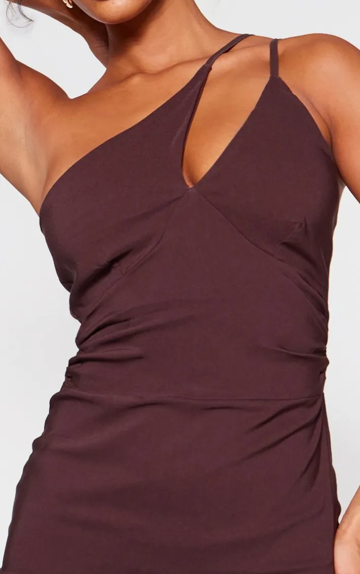 Chocolate Stretch Woven Strappy Asymmetric Cup Midaxi Dress