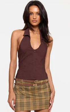 Chocolate Stretch Woven Zip Collar Detail Long Top