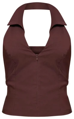 Chocolate Stretch Woven Zip Collar Detail Long Top