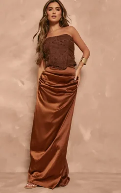 Chocolate Structured Satin Ruched Waist Maxi Skirt