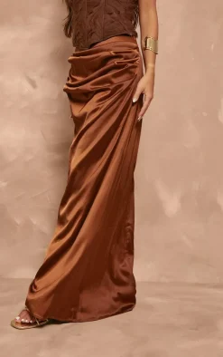 Chocolate Structured Satin Ruched Waist Maxi Skirt