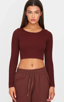 Chocolate Structured Snatched Ribbed Round Neck Long Sleeve Crop Top