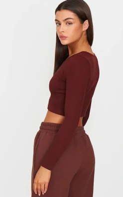 Chocolate Structured Snatched Ribbed Round Neck Long Sleeve Crop Top