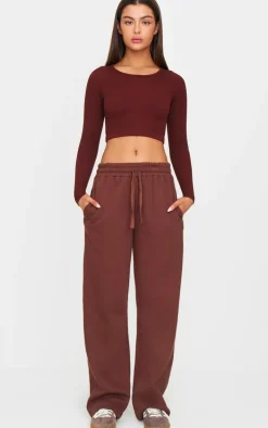 Chocolate Structured Snatched Ribbed Round Neck Long Sleeve Crop Top