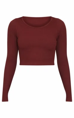 Chocolate Structured Snatched Ribbed Round Neck Long Sleeve Crop Top