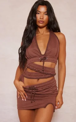 Chocolate Sweat Elastic Cross Waist Detail Halterneck Bodycon Dress