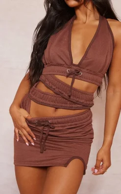 Chocolate Sweat Elastic Cross Waist Detail Halterneck Bodycon Dress