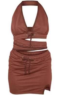 Chocolate Sweat Elastic Cross Waist Detail Halterneck Bodycon Dress