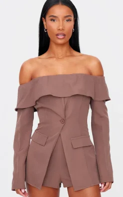 Chocolate Tailored Off The Shoulder Long Sleeve Romper