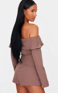 Chocolate Tailored Off The Shoulder Long Sleeve Romper