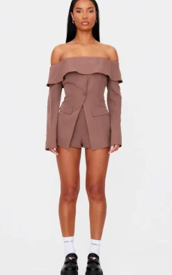 Chocolate Tailored Off The Shoulder Long Sleeve Romper