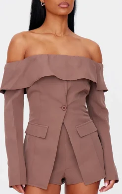 Chocolate Tailored Off The Shoulder Long Sleeve Romper