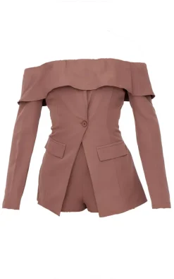 Chocolate Tailored Off The Shoulder Long Sleeve Romper