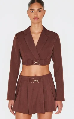 Chocolate Tailored Woven Buckle Detail Cropped Blazer
