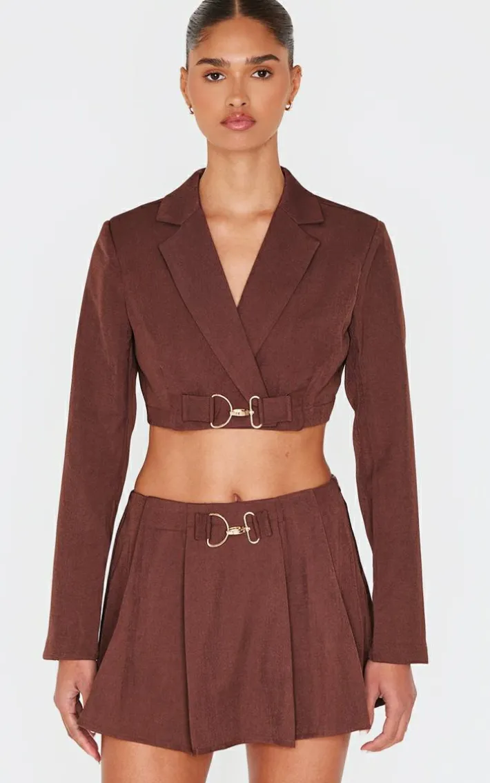 Chocolate Tailored Woven Buckle Detail Cropped Blazer