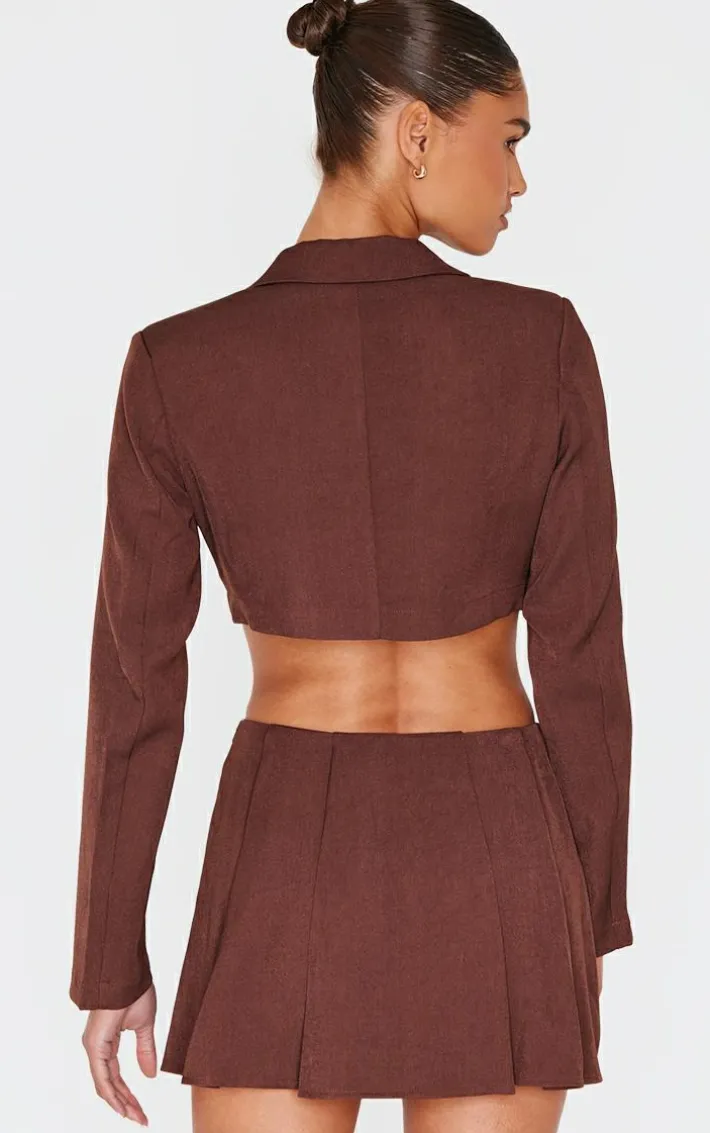 Chocolate Tailored Woven Buckle Detail Cropped Blazer