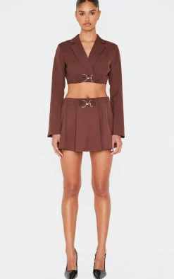 Chocolate Tailored Woven Buckle Detail Cropped Blazer