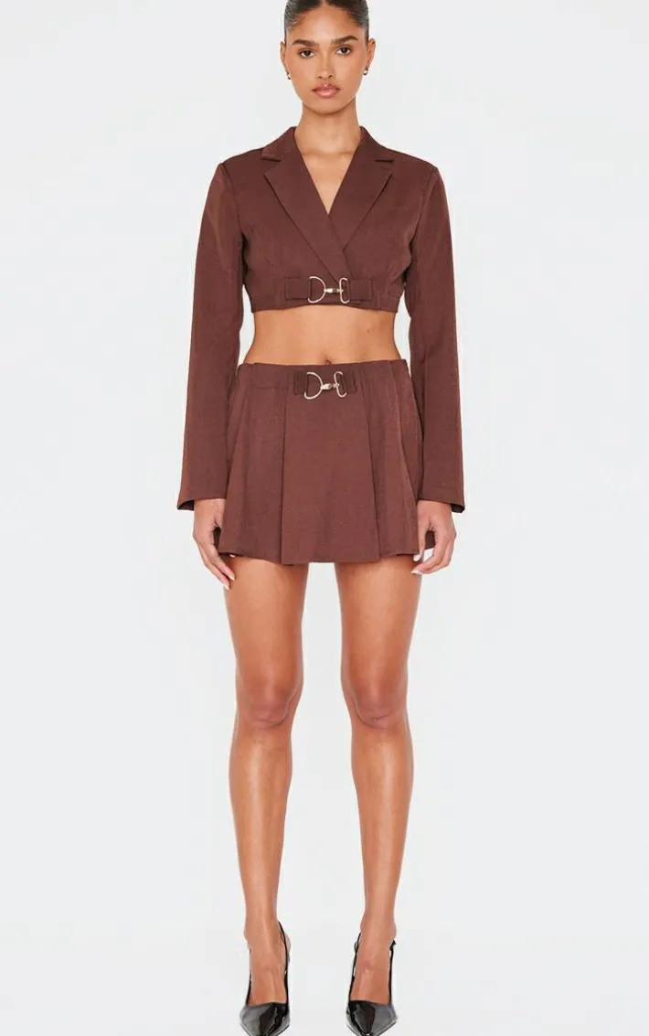 Chocolate Tailored Woven Buckle Detail Cropped Blazer